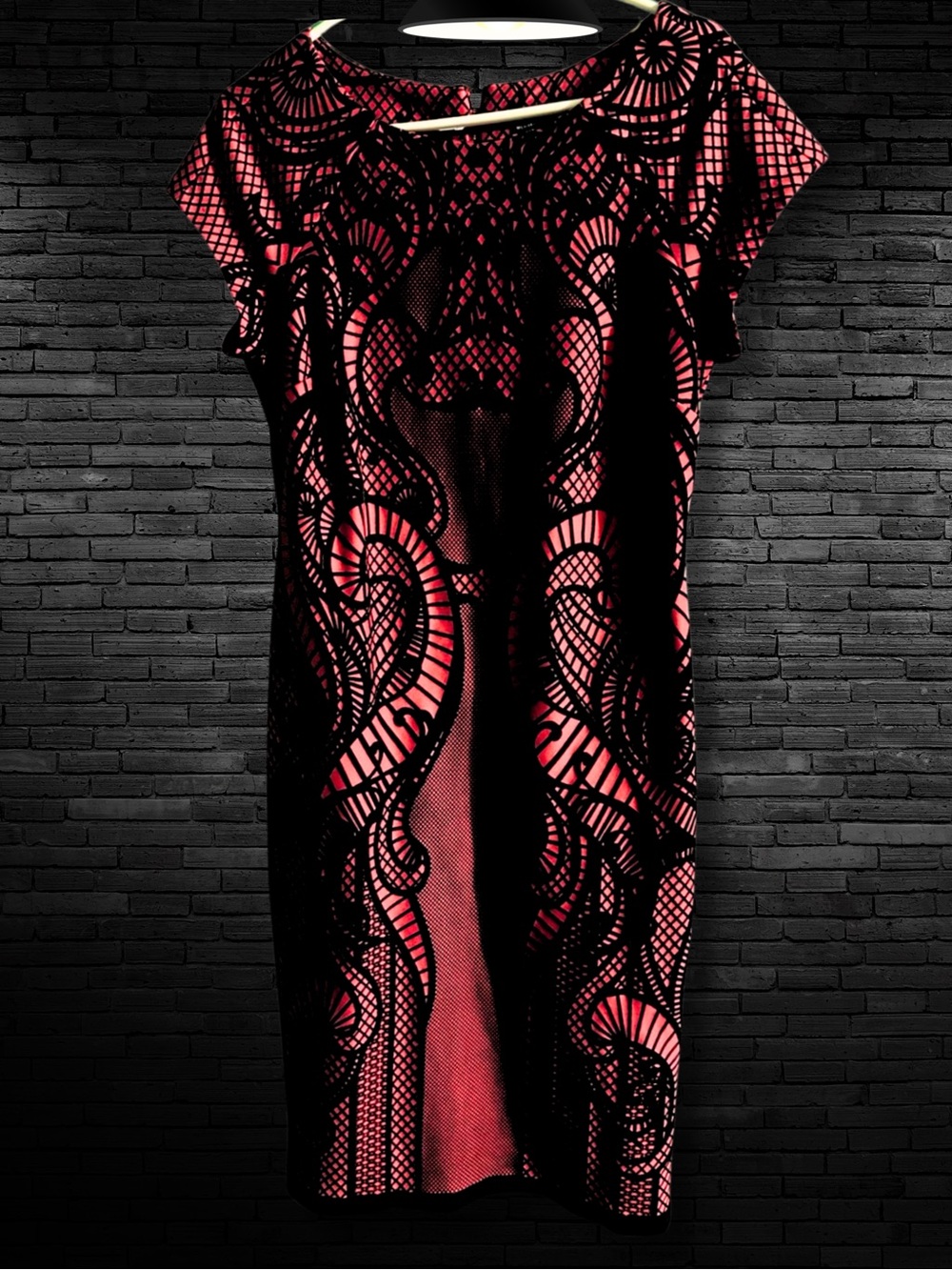 Worthington Red Midi Dress with Black Lace-Pattern